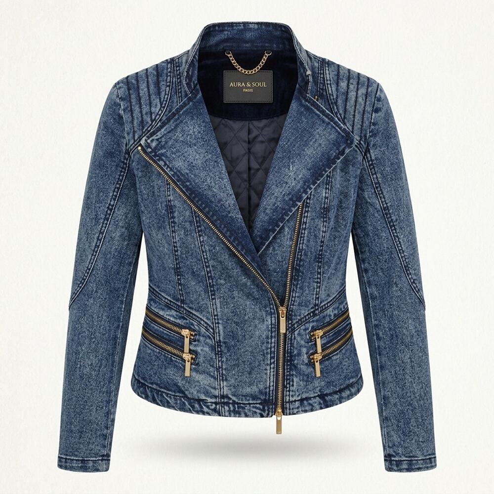 Women's Denim Asymmetrical Jean Moto Biker Style Jacket Asymmetrical Zip Blue XS